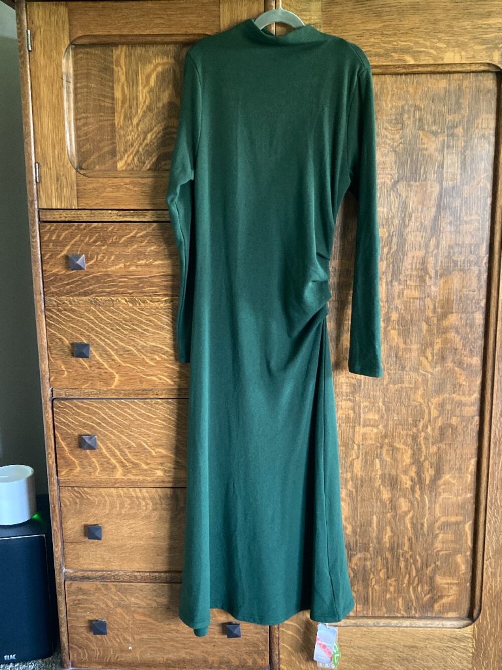 Like new OGL Eco-Mousse mock neck midi dress, ruched sides, green, medium